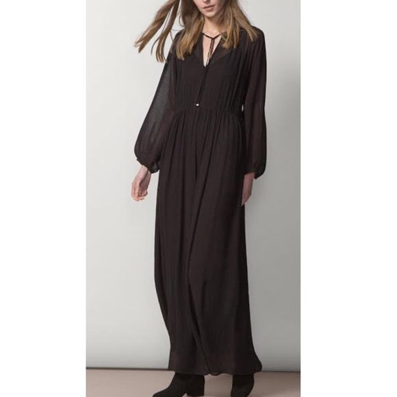 Massimo Dutti Black Long Sleeve Bishop Sleeve Maxi Dress with Neck Tie Medium - Picture 1 of 10